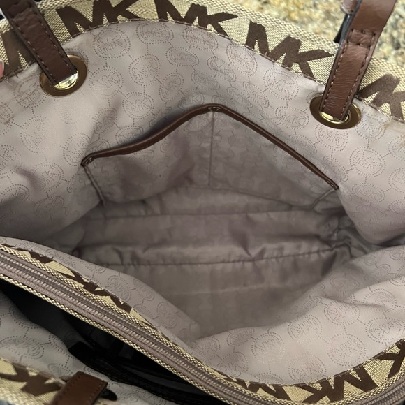 Jet Set Iconic Brown/Tan MK Logo Large Canvas Tote Shoulder Bag Purse - Picture 5 of 6